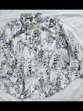 Talbots White & Black Architectural Paris Print Button-Up Shirt Size 22W